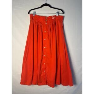 Vintage 80's Red A-line Button Front Pleated Midi Skirt Women's Size 34"